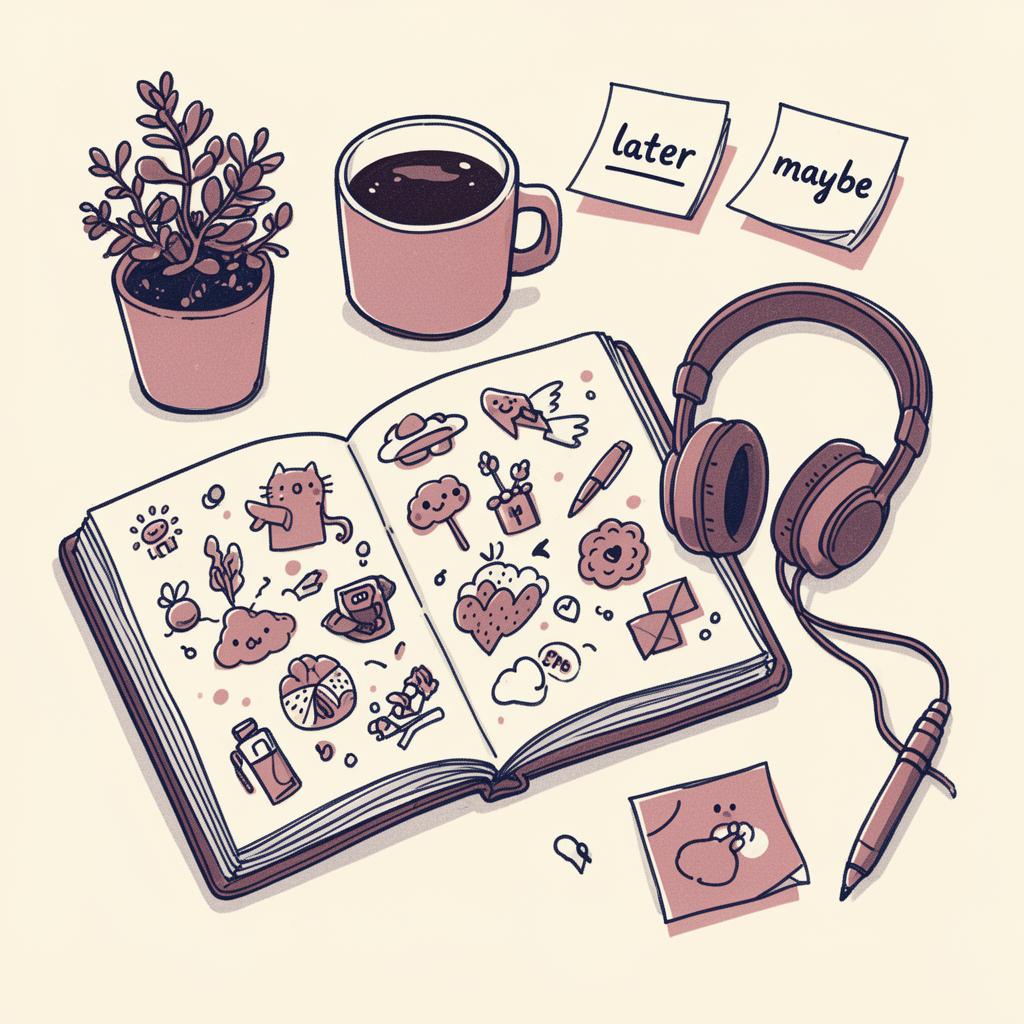 A cozy desk with a notebook full of doodles, coffee, plant and headphones